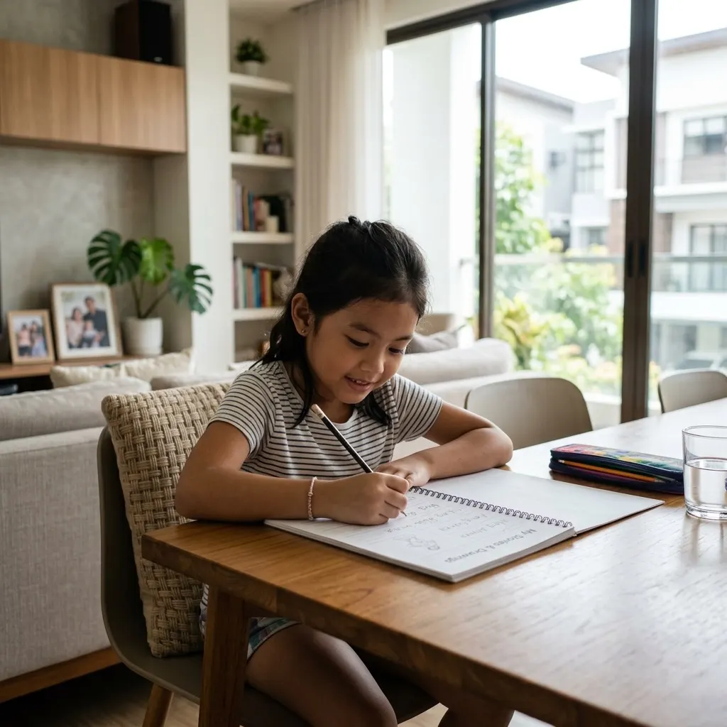 A school-age child concentrating while writing at a desk with colored pencils