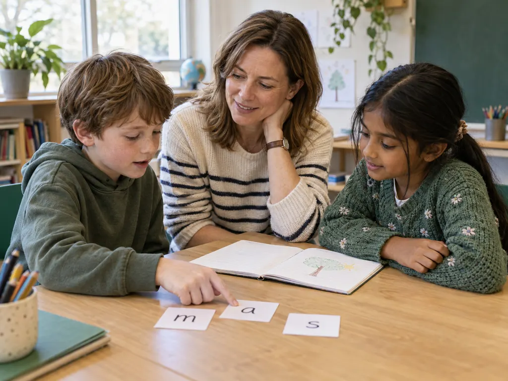 An educator and two children exploring letter cards together