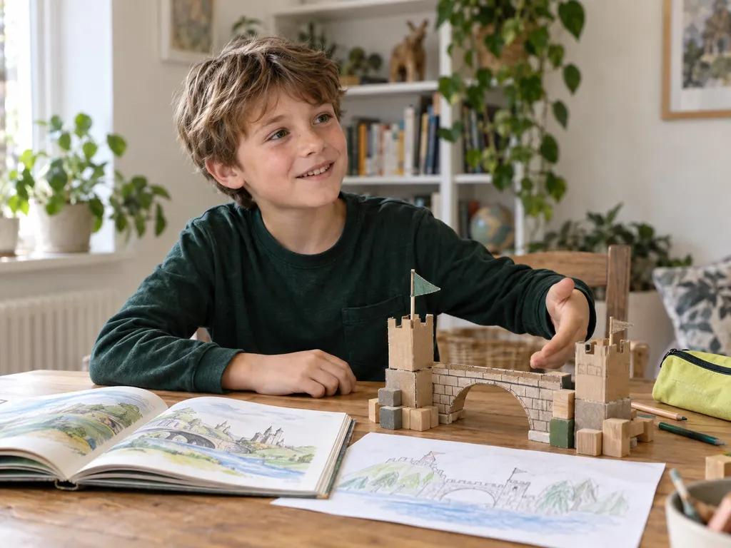 A child sharing his book and handmade castle with a proud smile at a learning table