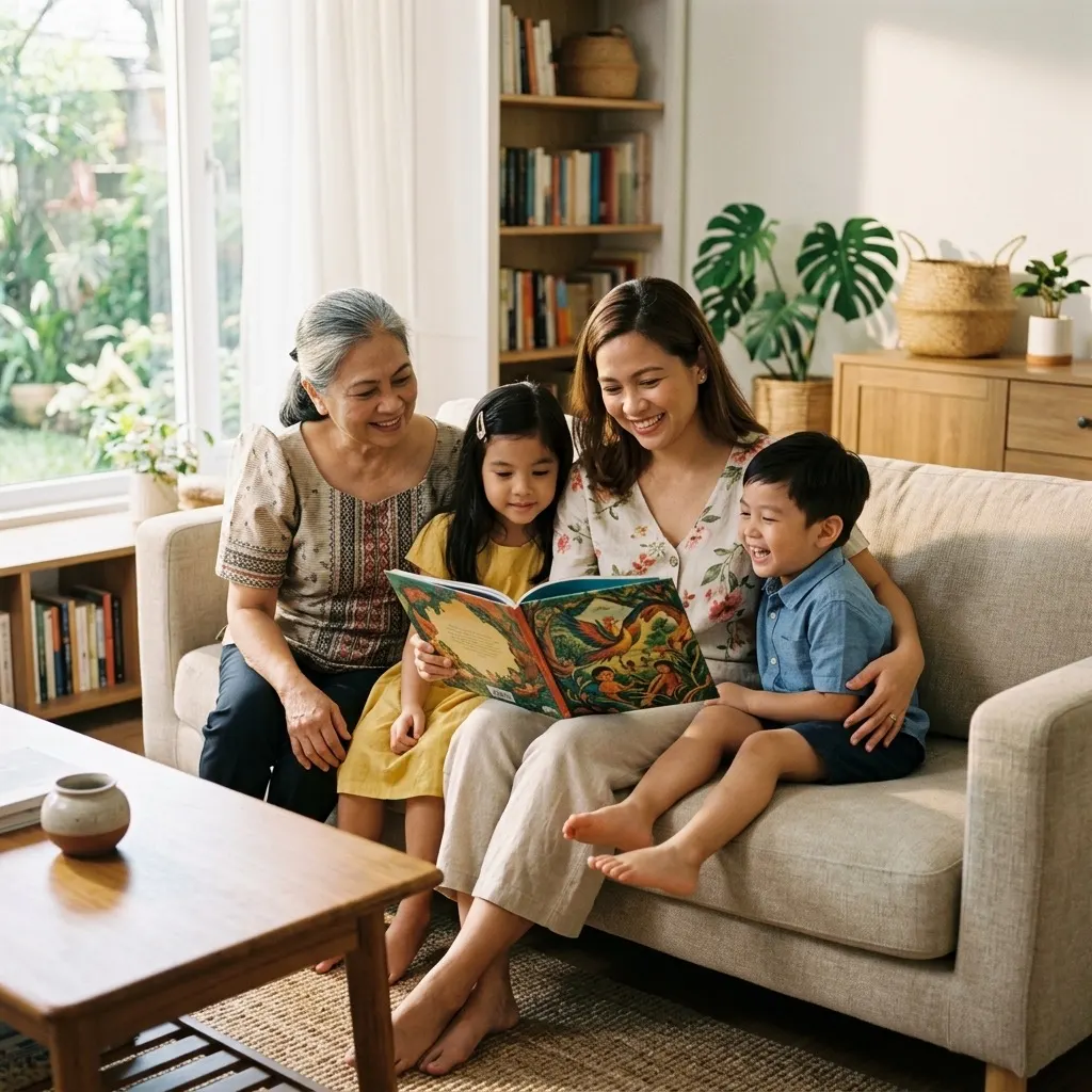 A family sitting together on a bed with an open storybook