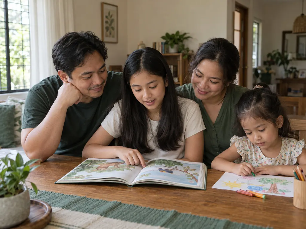 Parents supporting their teenage daughter as she reads while her younger sister draws beside them