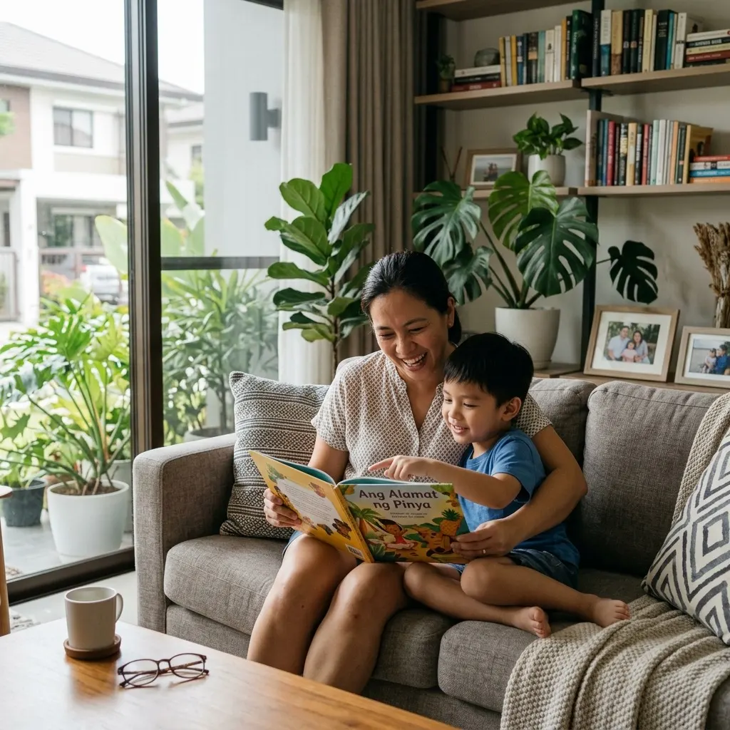 A parent gently holding a young child while reading a book together
