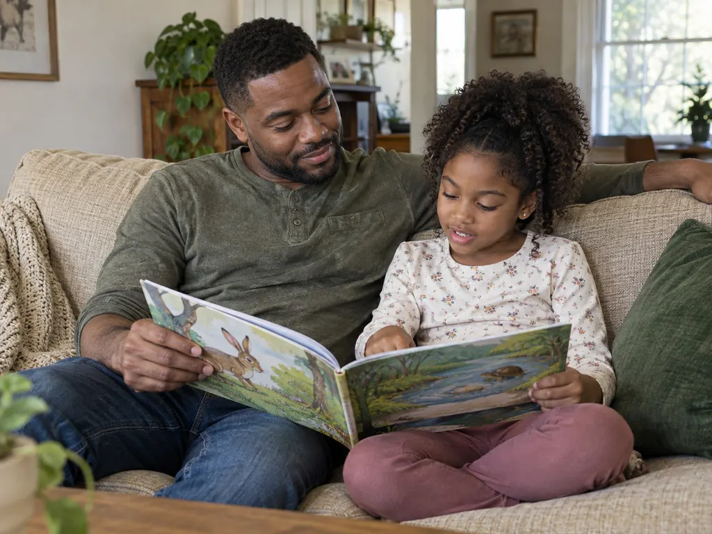 A father and daughter reading a picture book together on a sofa